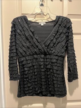 White House Black Market Black Ruffle Sequin V-Neck Long Sleeve Top